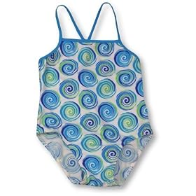 Plaid Fish Toddler Girls White Swimsuit With Blue And Green Swirls by Globaltex
